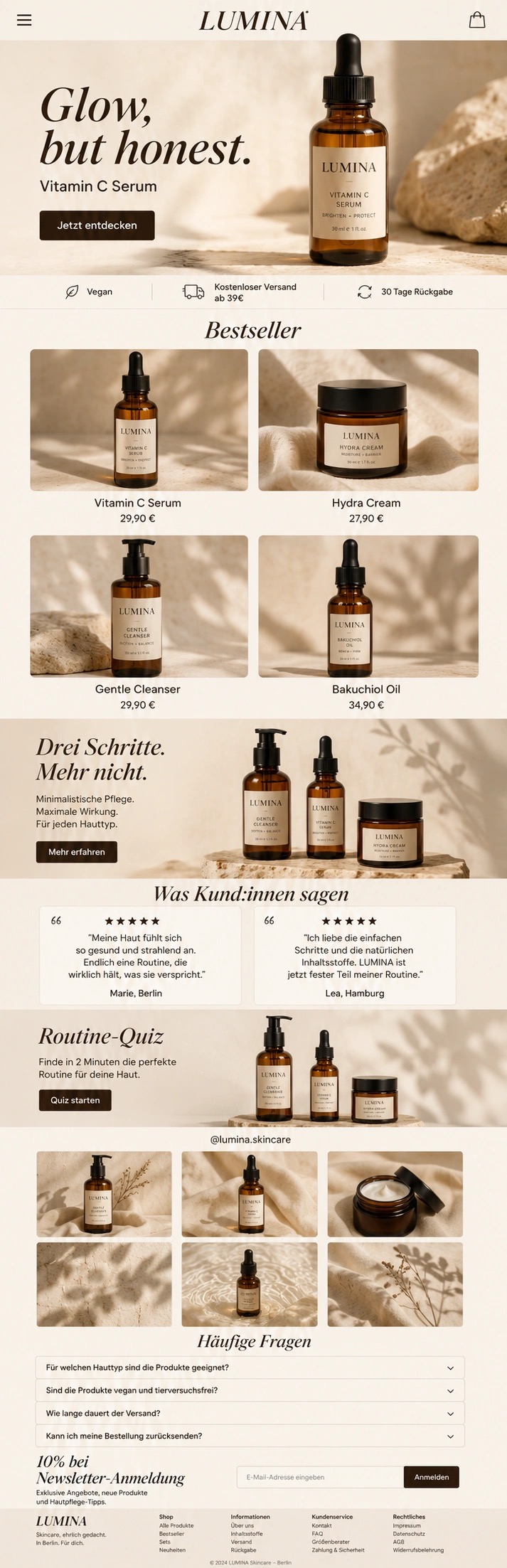 LUMINA Skincare Shopify-Shop · Mockup einer Berliner Cosmetics-Brand