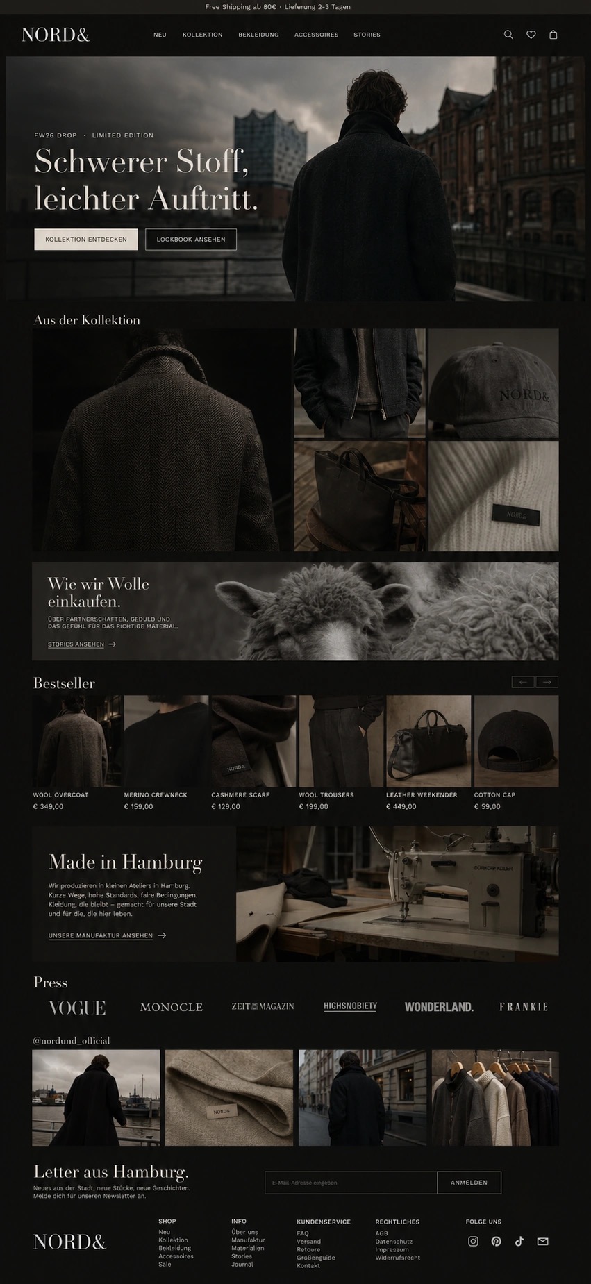 NORD& Fashion Shopify-Shop · Mockup einer Hamburger Premium-Modemarke