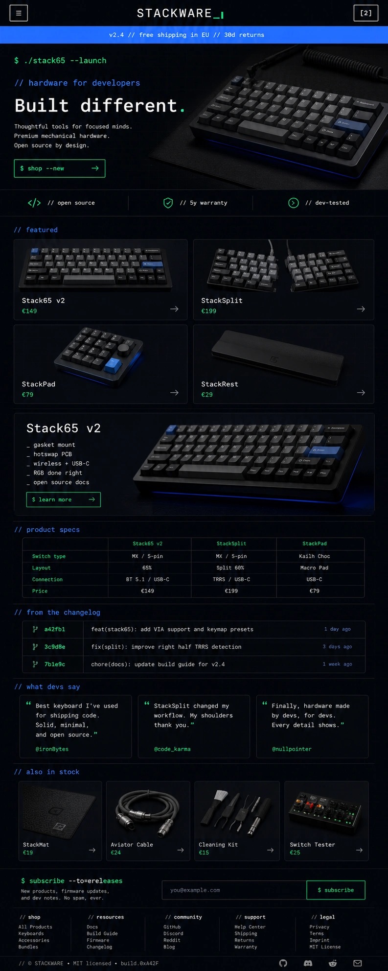 STACKWARE Tech Shopify-Shop · Mockup eines Developer-Hardware-Stores